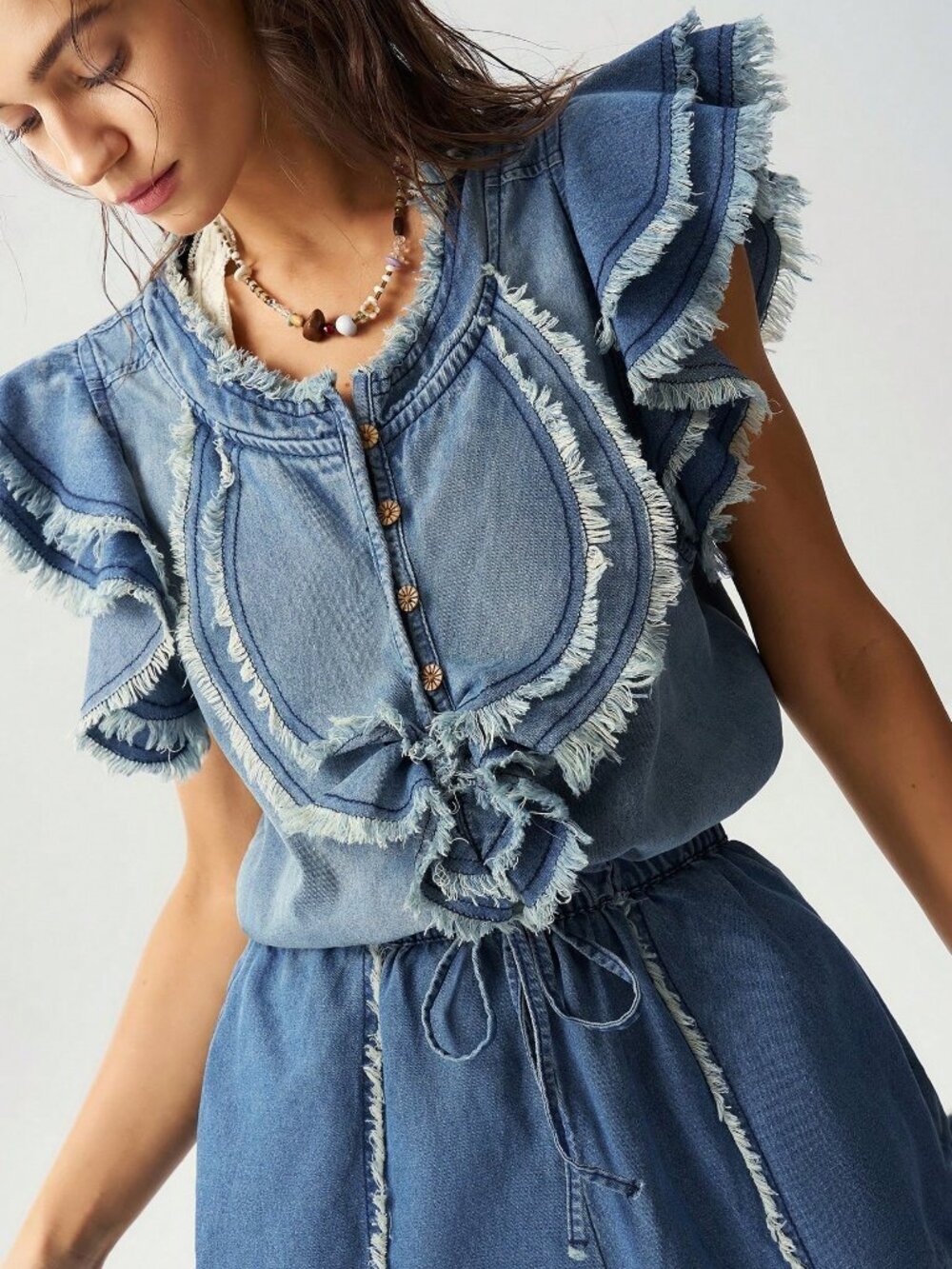 Blue Casual Women's Woven Ruffle Distressed Washed Denim romper Jumpsuit - Picture 3 of 7